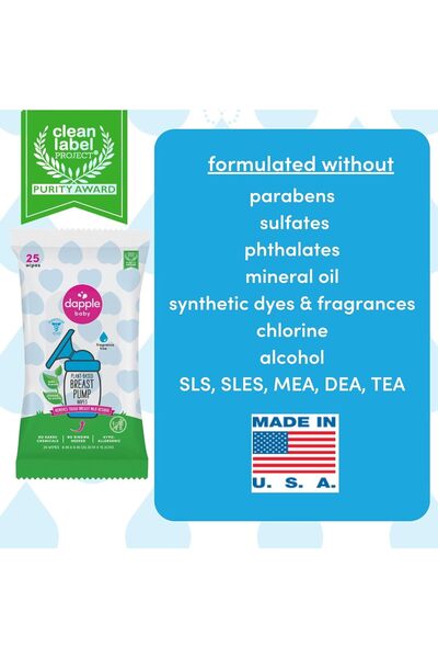 Dapple Breast Pump Wipes - Baby, 25 Count (Pack of 3), Unscented, Plant-Based & Hypoallergenic