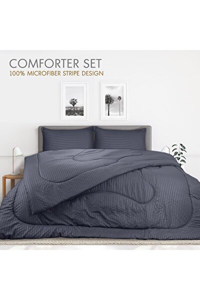 Hotel Linen Klub Striped Microfiber Comforter Set 200g/m² Single 160x200 cm Dark Gray