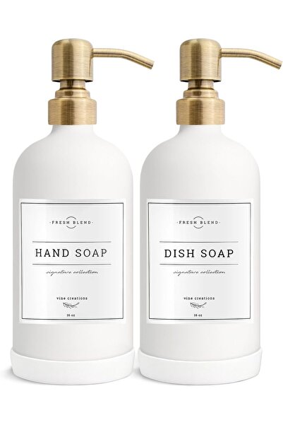 Generic مجموعة موزع صابون زجاجي أبيض من فاين كرييشنز، سعة 473 مل، مع مضخة من الفولاذ المقاوم للصدأ، عبوة من قطعتين