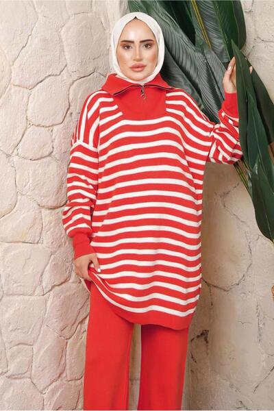 TRENDTESETTÜR Women's Orange Striped Knit Tunic t 2208-1