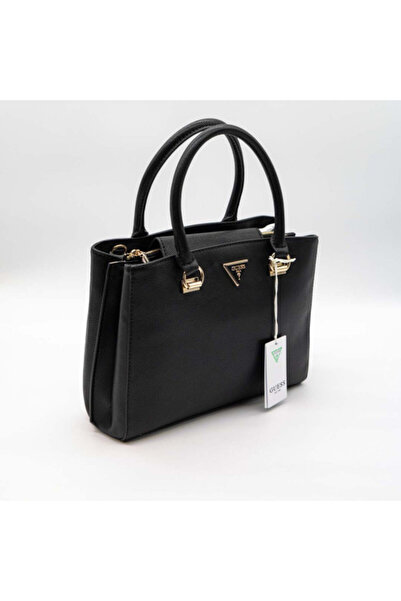 Guess Geantă Alexie neagră din piele Saffiano cu detalii aurii