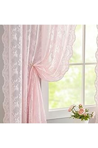 genernic YJ YANJUN Pink Sheer Lace Curtains for Girls' Bedroom, Vintage Short 63-inch, 2-Piece (52×63 in)