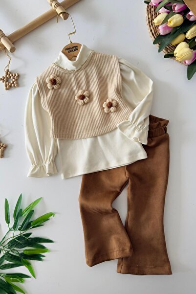 Minigimin Cicileri My Little One's Daisy Detailed Velvet Pants Set for Girls - Brown