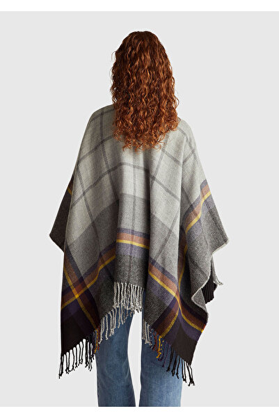 United Colors of Benetton Women's anthracite patterned plaid jacquard tassel detailed poncho