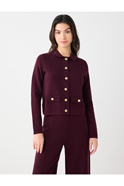 Jimmy Key Bordo Gömlek Yaka Uzun Kollu Düğme Detaylı Triko Hırka