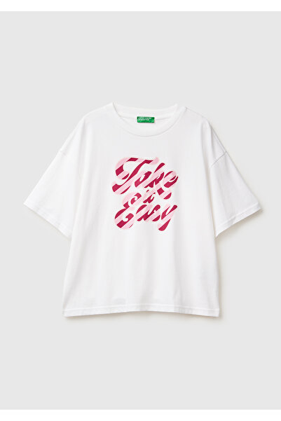 United Colors of Benetton Women's White-Pink Text 100% Cotton Front Text Printed Crew Neck T-Shirt