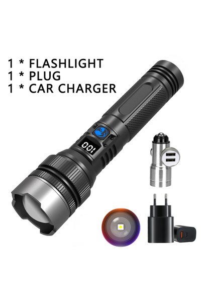 Choice شاحن سيارة ومقبس 900000 لومن مصباح يدوي LED قوي مع كشاف تكبير بشاشة رقمية محمولة من النوع-