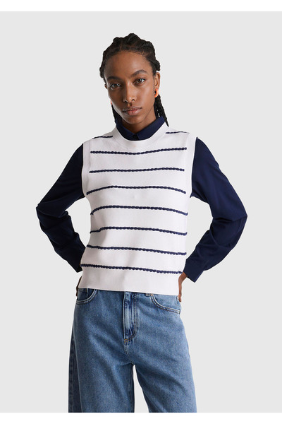 United Colors of Benetton Women's Ecru-Grey Mix Viscose and Acrylic Blend Striped Sleeveless Sweater