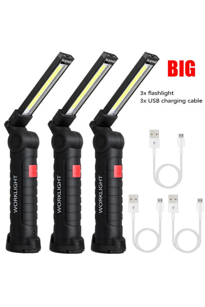 Choice مصباح يدوي LED COB محمول جديد كبير W52 مكون من 3 قطع مع منفذ USB قابل لإعادة الشحن ومصباح عمل مغناطيسي معلق على شكل حرف L