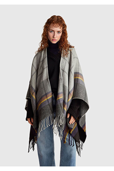 United Colors of Benetton Women's anthracite patterned plaid jacquard tassel detailed poncho
