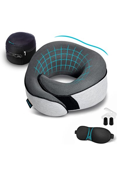 genernic Proglobe 100% Memory Foam Travel Neck Pillow with 3D Eye Mask, Earplugs & Mesh Bag - Grey