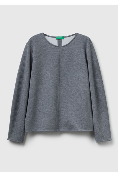 United Colors of Benetton Women's Light Gray Modal Blend Label Detailed Crew Neck Sweatshirt