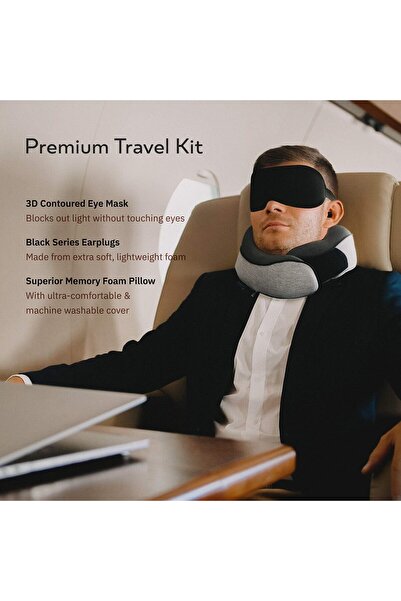 genernic Proglobe 100% Memory Foam Travel Neck Pillow with 3D Eye Mask, Earplugs & Mesh Bag - Grey