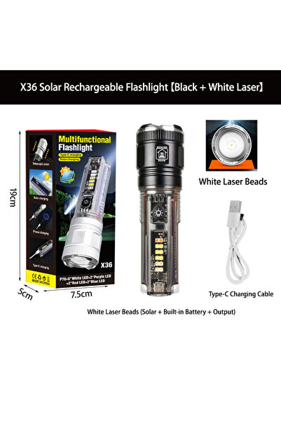 Choice مصباح يدوي أسود (ليزر أبيض) قابل لإعادة الشحن بالطاقة الشمسية وقابل للتكبير والتصغير، فائق السطوع P50/مصباح حبات ليزر أبيض