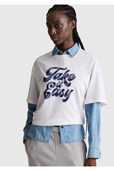 United Colors of Benetton Women's White-Blue Text 100% Cotton Front Text Printed Crew Neck T-Shirt