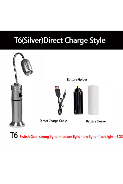 Choice مصباح يدوي LED مباشر بمنفذ USB T6 (فضي) خارجي قابل للتكبير والتصغير ومصباح شواء فائق السطوع قابل للتعديل 36