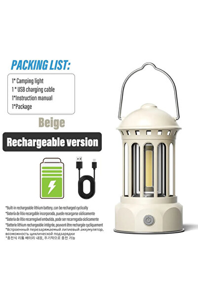 Choice مصباح تخييم عتيق على شكل عمود روماني أوروبي، لون بيج، USB L800BR، مصبا...