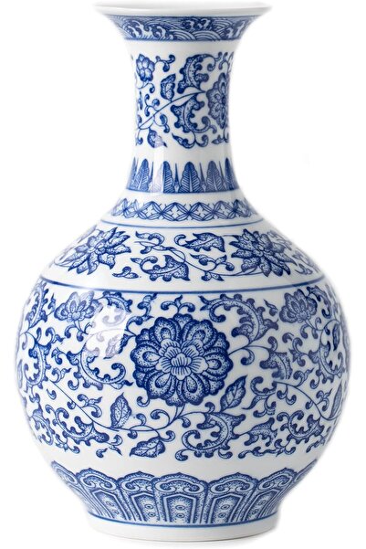 Generic مزهرية خزفية زرقاء وبيضاء للديكور المنزلي، 9.5 بوصة