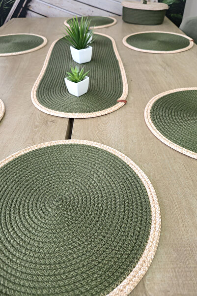 KAAN HOME 6-Piece Supla 1 Runner 1 Lid Decorative Bread Basket Set Green Beige Patterned Presentation Basket