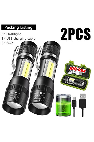 Choice الطراز أ مع صندوق - 2 مصباح يدوي صغير قابل لإعادة الشحن عبر USB بثلاثة أوضاع فانوس COB+XPE محمول مدمج بالبطارية