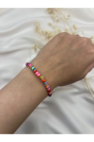 Lunarie Colorful Heishi Miyuki Beaded Heart Detailed Women's Bracelet – Elastic Summer Sports Stylish Accessory