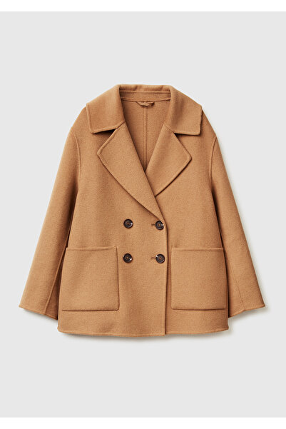 United Colors of Benetton Women's Brown Wool and Viscose Buttoned Blended Double-Breasted Short Coat