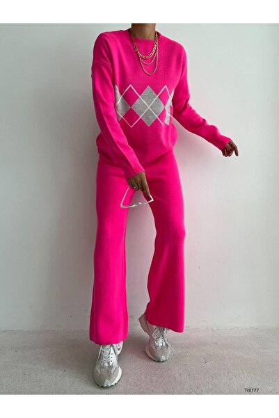 Modafeminen Knitwear Set Tr0177 Fuchia