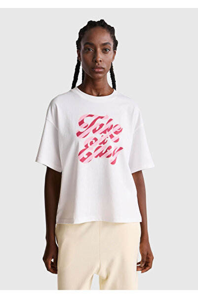 United Colors of Benetton Women's White-Pink Text 100% Cotton Front Text Printed Crew Neck T-Shirt