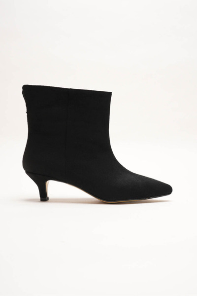 Lizzu Women's Black Suede Look Kitten Heel Short Heeled Pointed Toe Boots & A...