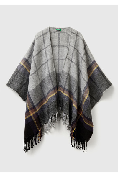 United Colors of Benetton Women's anthracite patterned plaid jacquard tassel detailed poncho
