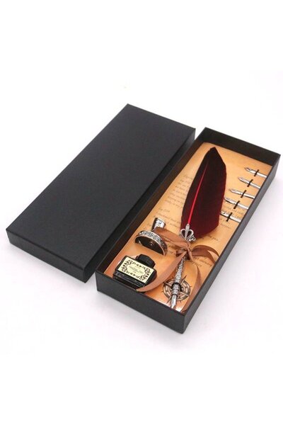 MOBGİFT Hediyelik Kutulu Taçlı Orjinal Kuş Tüyü Divit Kalem Seti