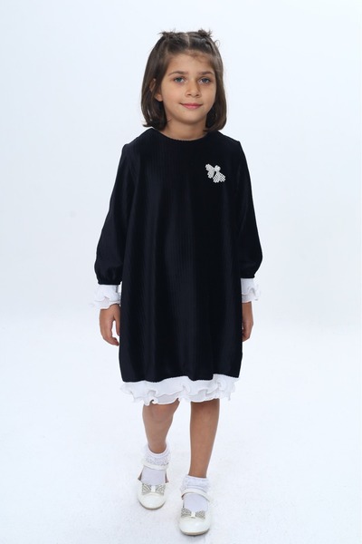 Toontoy Girl's Velvet Ruffle Detailed Dress