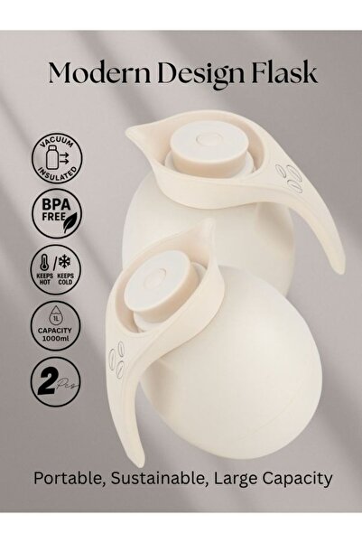 Raz Home Set of 2 High Quality Vacuum Flask for Coffee Tea Water 1000ml - Beige