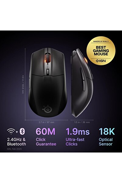 SteelSeries Rival 3 Wireless Gen 2 Gaming Mouse - 2.4GHz & Bluetooth, 18,000 DPI, Black