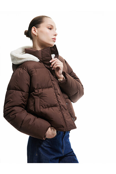 Koton Hooded Inflatable Jacket with Zippered Plush Interior and Snap Button Pockets
