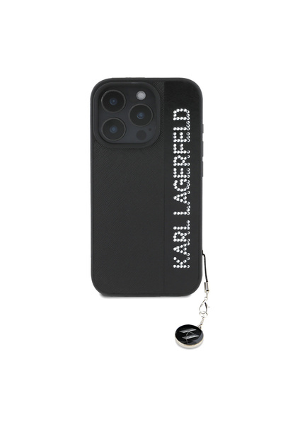 Karl Lagerfeld Stony Saffiano Rhinestones iPhone 16 Pro Case with Keychain Kl Scribe