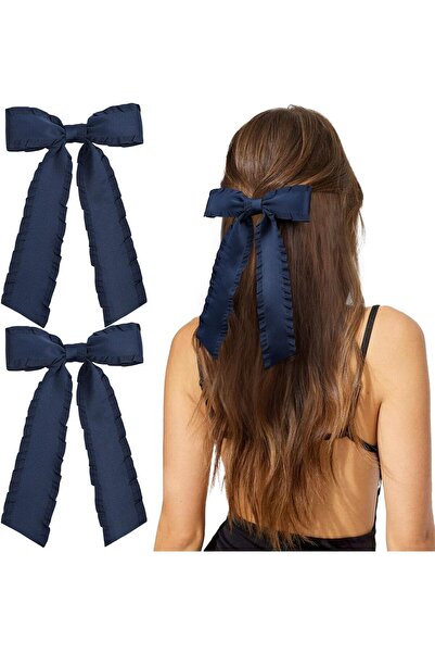 fulina 2PCS Bow Ribbon Hair Clips, Ruffle Ribbon Ribbon Hair Clips, Tassel Hair Bands, Bow Hair Clips(Navy)