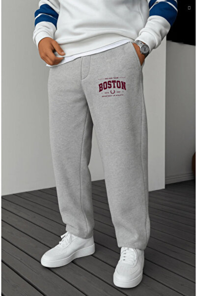 EydaMoon Ανδρικό χειμερινό φαρδύ παντελόνι με φλις εσωτερικά, με γράμματα Boston, φαρδύ πόδι και πλαϊνές τσέπες