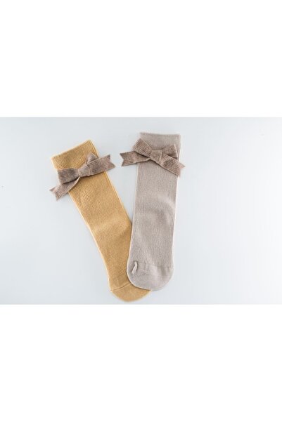 Mixbo - Children's socks with brown bow, cotton, mustard, 2-5 years