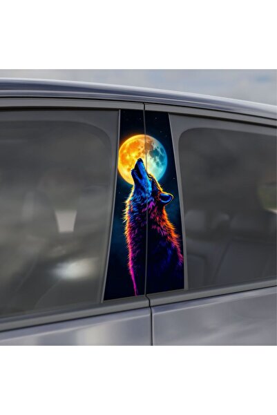 StickITsibiu Set Stickere Stâlpi Auto – Neon Wolf Moon Howl | 2 Buc – 49×21 cm | Print Premium Laminat Lucios