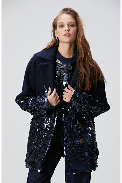 Network Lacivert Yün Karışımlı Payet Detaylı Kaban