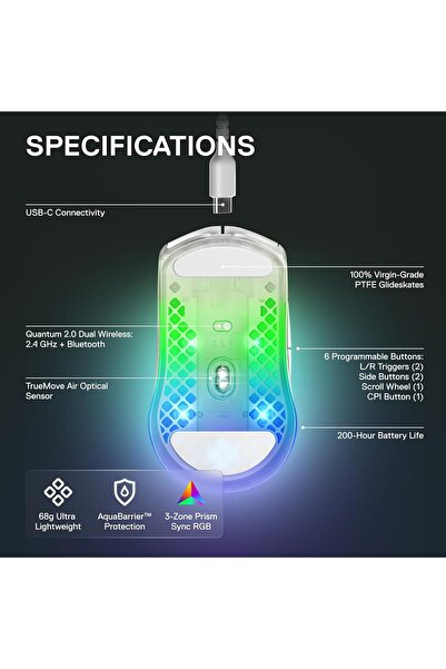 SteelSeries Aerox 3 Wireless Ghost (2022) - Super Light Gaming Mouse, 68g, IP54, 200h Battery