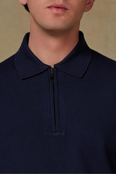 Abbate Claro Knitted Fabric Cotton Blend Modern Fit Navy Blue Polo Neck Men's Plain Knitwear