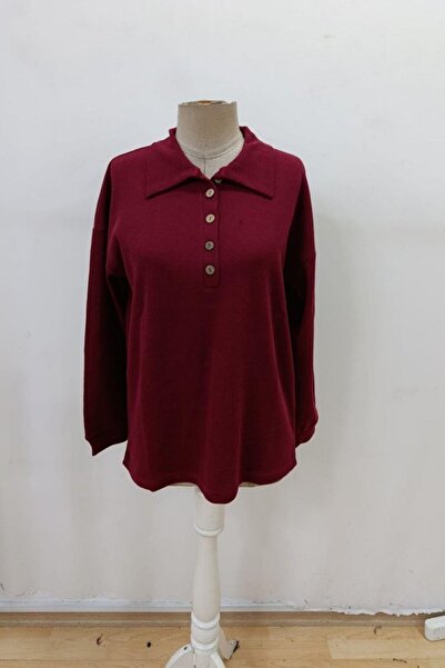 Mossta Buttoned Oversized Waffle Blouse - Burgundy