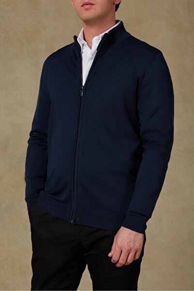 Abbate Seta Knitted Fabric Cotton Modern Fit Navy Blue Mock Neck Men's Plain Knitwear