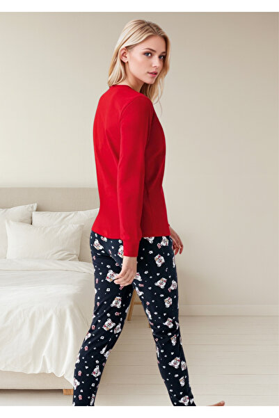 Loule Women's Red “It's Movie Time” Printed 100% Cotton Long Sleeve Pajamas Set