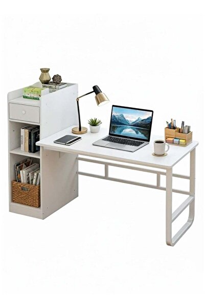 AGD Study Table with Side Shelving Unit for Computer, Study, Writing and Gaming - White