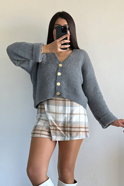 CİDDE Women's Soft Bearded Blue V-Neck Four Button Cardigan