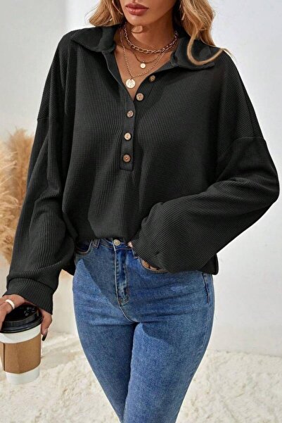 Mossta Buttoned Oversized Waffle Blouse - Black