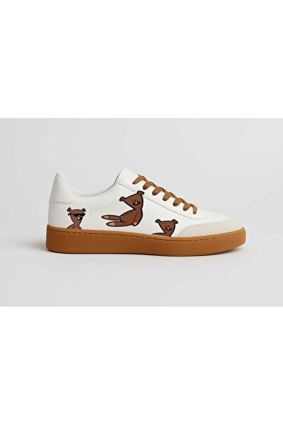 lias desing Asymmetrical Brown Teddy Bears Printed White Lace-Up Rubber Sole Sneakers Sneaker